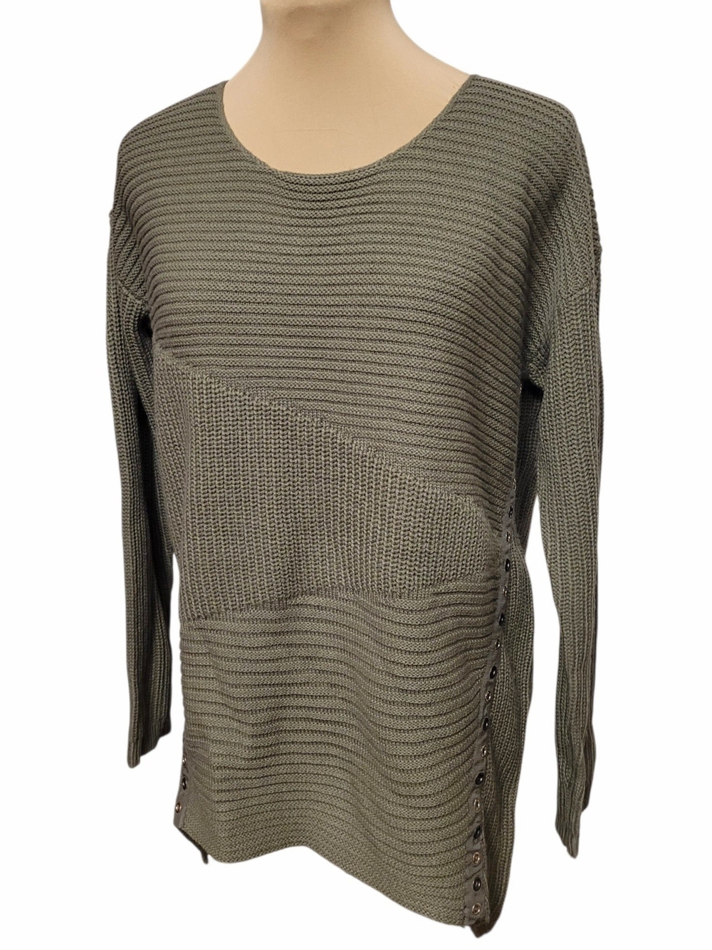 Bar III Olive Green Crewneck Knit Sweater with Side Button Detail